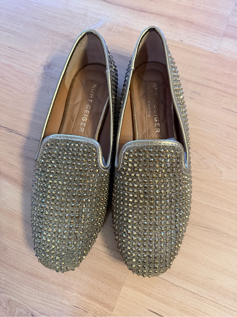 Kurt Geiger Metallic Gold Crystal-Studded Slip-On Loafers 39